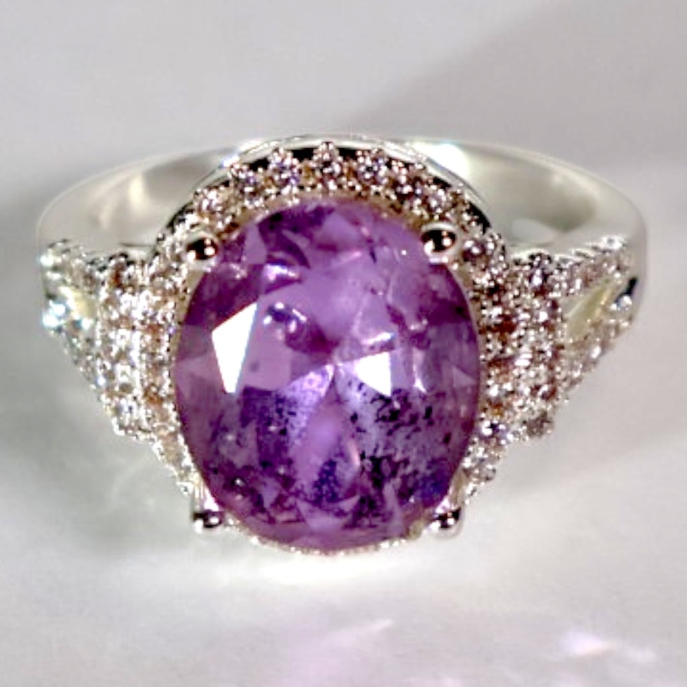 Swarovski Crystal Purple Oval Halo Ring Sterling Silver Overlay Brass Size 8 NEW